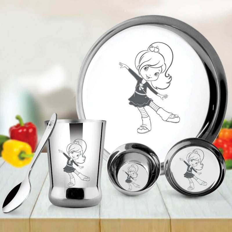 POGON طقم غداء وعشاء دائري من الفولاذ المقاوم للصدأ للأطفال البنات، طقم ثالي، عبوة من 5 (فضي) - Image 1