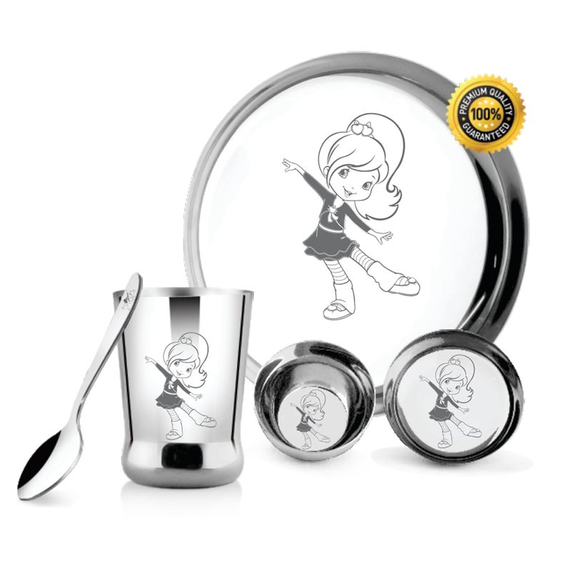 POGON طقم غداء وعشاء دائري من الفولاذ المقاوم للصدأ للأطفال البنات، طقم ثالي، عبوة من 5 (فضي) - Image 2