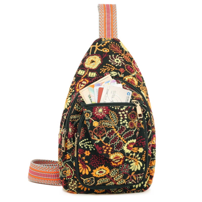 SILKAREA Vintage Embroidered Floral Ethnic Backpack for Women Handbag Shoulder Bag Mini Travel Purse (Embroidered Yellow) - Image 4