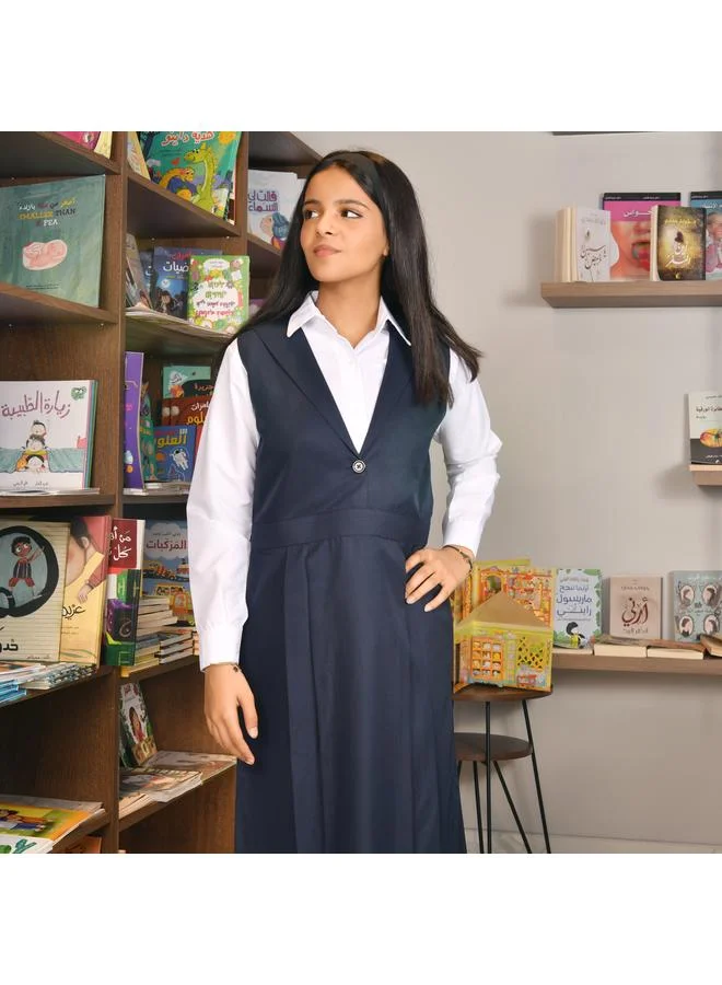 HAWRAA ABAYA مريول كحلي بكتف عريض  مع كسرات متباينة من الأسفل وجيوب جانبية