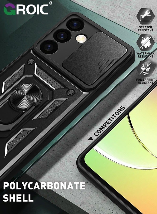 GROIC جراب أسود لهاتف Samsung Galaxy S22 مع غطاء كاميرا منزلق، حامل مغناطيسي لحماية الكاميرا، غطاء هاتف واقٍ شديد التحمل مقاوم للصدمات بدرجة عسكرية - Image 3