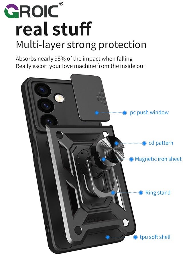 GROIC جراب أسود لهاتف Samsung Galaxy S22 مع غطاء كاميرا منزلق، حامل مغناطيسي لحماية الكاميرا، غطاء هاتف واقٍ شديد التحمل مقاوم للصدمات بدرجة عسكرية - Image 4