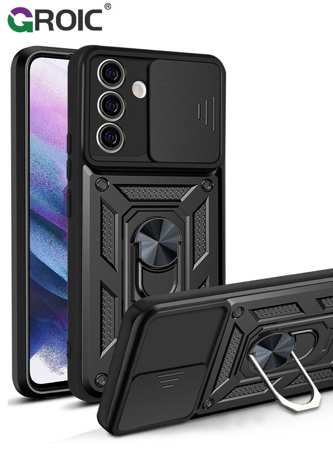 GROIC جراب أسود لهاتف Samsung Galaxy S22 مع غطاء كاميرا منزلق، حامل مغناطيسي لحماية الكاميرا، غطاء هاتف واقٍ شديد التحمل مقاوم للصدمات بدرجة عسكرية - Image 1