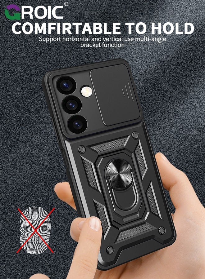 GROIC جراب أسود لهاتف Samsung Galaxy S22 مع غطاء كاميرا منزلق، حامل مغناطيسي لحماية الكاميرا، غطاء هاتف واقٍ شديد التحمل مقاوم للصدمات بدرجة عسكرية - Image 2