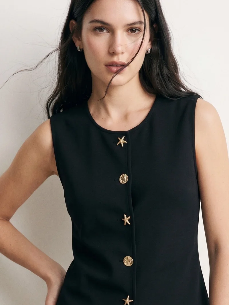 Outzidr  Black Sleeveless Vest With Star-Shaped Buttons for Women | Best Price UAE