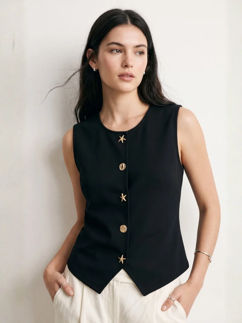Black Sleeveless Vest With Star-Shaped Buttons