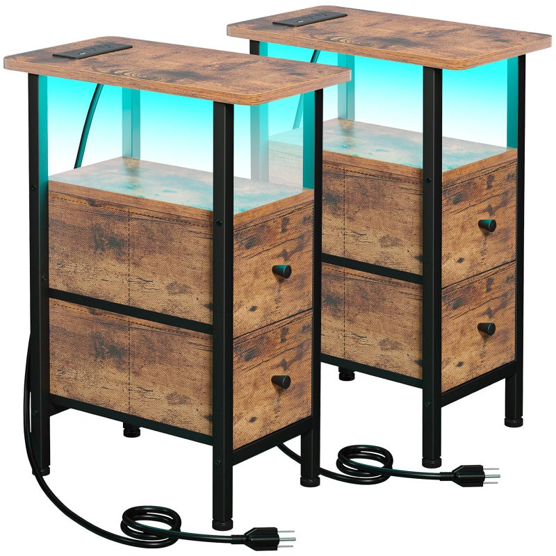 LOAKEKEL Narrow Nightstand with Charging Station, End Tables Living Room Set of 2, Skinny Side Table with Fabric Drawers, Small Sofa Table with LED Light for Bedroom, Rustic Brown, HETNDP02LPBR - Image 1