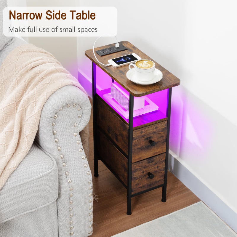 LOAKEKEL Narrow Nightstand with Charging Station, End Tables Living Room Set of 2, Skinny Side Table with Fabric Drawers, Small Sofa Table with LED Light for Bedroom, Rustic Brown, HETNDP02LPBR - Image 2
