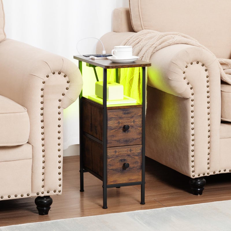 LOAKEKEL Narrow Nightstand with Charging Station, End Tables Living Room Set of 2, Skinny Side Table with Fabric Drawers, Small Sofa Table with LED Light for Bedroom, Rustic Brown, HETNDP02LPBR - Image 5