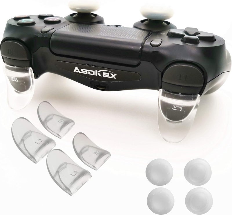 Asokex L2 R2 Ps4 Trigger Extenders (2 Pairs L2 R2 Triggers, 4pcs Joystick Cap, 2 Pairs LED Light Bar Decal) for Ps4 Controller(Transparent) - Image 1