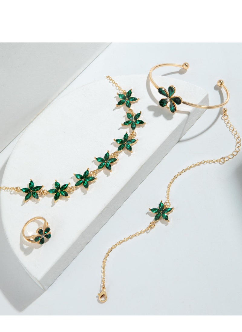 Generic Luxury-lite imitation emerald gemstone and diamond-studded flower necklace, fashionable and versatile flower jewelry set for women  - Image 1