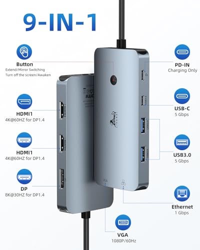 LIONWEI Laptop Docking Station 4 Monitors, 9 in 1, Dual HDMI+DP+VGA, 100W PD, 5Gbps, 3 USB C/A Ports, Ethernet, LIONWEI Docking Station Dual Monitor, USB C Hub for Dell/HP/Surface/MacBook - Image 2