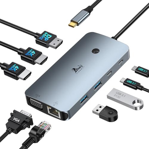 LIONWEI Laptop Docking Station 4 Monitors, 9 in 1, Dual HDMI+DP+VGA, 100W PD, 5Gbps, 3 USB C/A Ports, Ethernet, LIONWEI Docking Station Dual Monitor, USB C Hub for Dell/HP/Surface/MacBook - Image 1