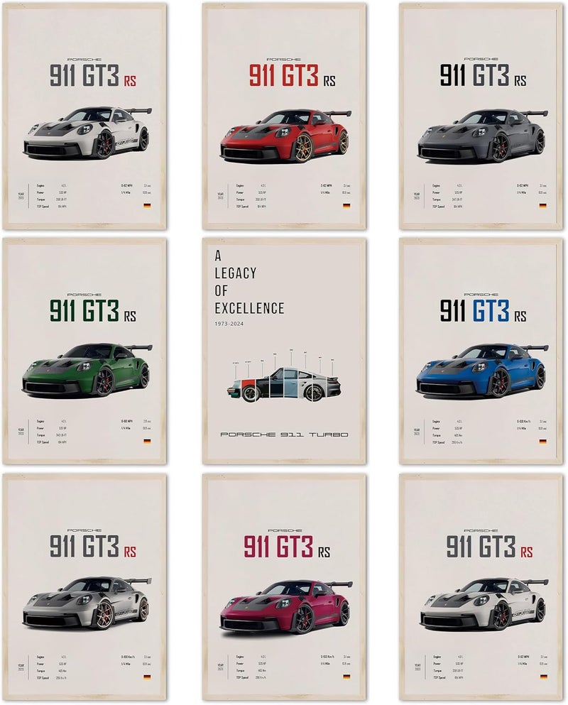 Dujoi 911 GT3RS Posters 9pcs Super Car Racing Car Paper Posters Colorful Car Art Prints For Man Cave Boy's Bedroom (Unframe-8x12inch-9 count) - Image 1