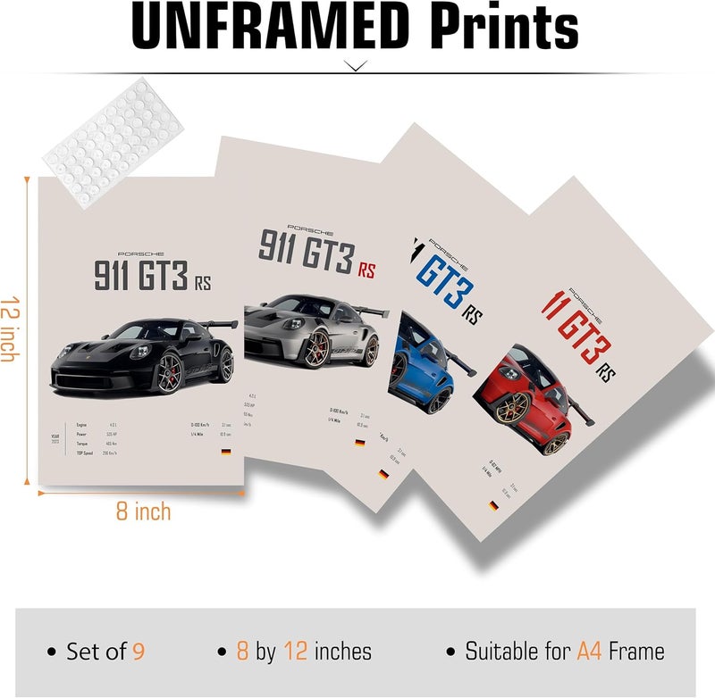 Dujoi 911 GT3RS Posters 9pcs Super Car Racing Car Paper Posters Colorful Car Art Prints For Man Cave Boy's Bedroom (Unframe-8x12inch-9 count) - Image 4