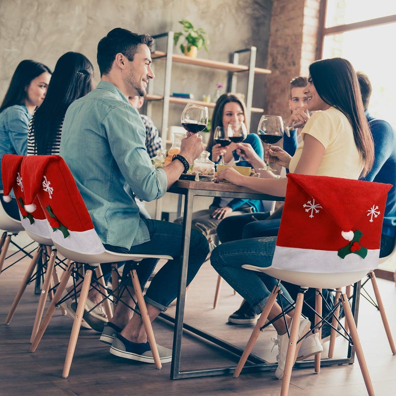 تاتو Tatuo 4 قطع كرسي عيد الميلاد يغطي ديكور سانتا كلوز ريد هات على كرسي ندفة الثلج عيد الميلاد المطبخ كرسي المطبخ مجموعات لعيد الميلاد ديكورات الاحتفال (بحيرة وايت سنوف) - Image 4