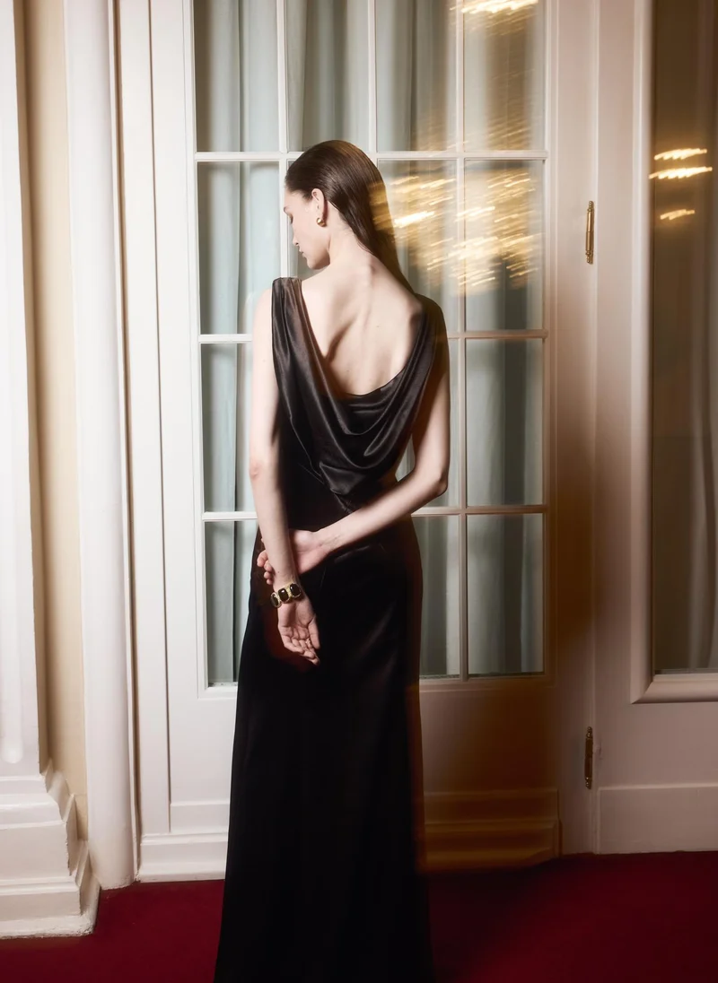 Lichi Fitted satin maxi dress with drapery on the bodice and back