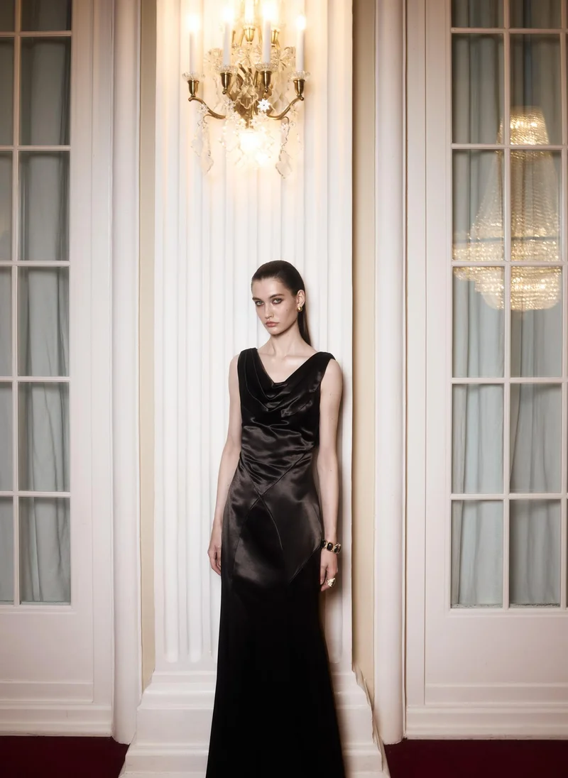 Lichi Fitted satin maxi dress with drapery on the bodice and back
