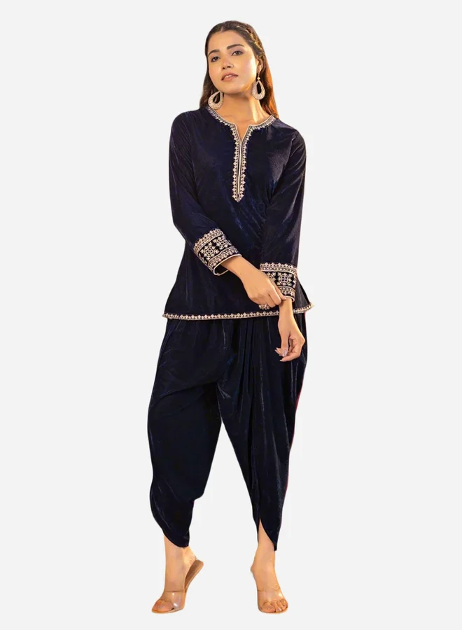 KASYA Navy Blue Velvet Kurta and Dhoti Pants Co-Ords