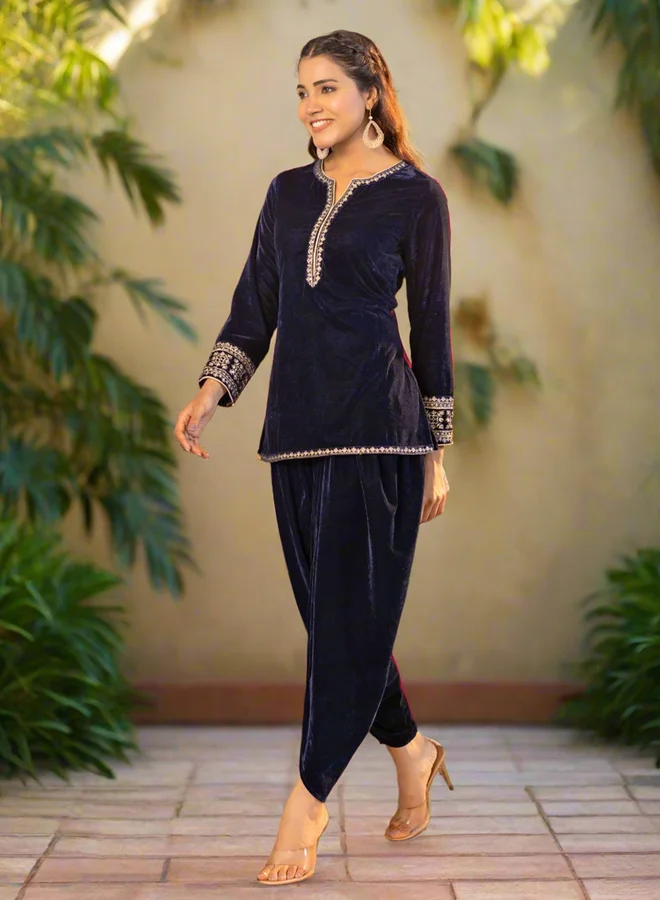 KASYA Navy Blue Velvet Kurta and Dhoti Pants Co-Ords