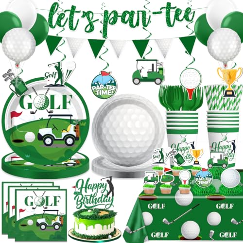cocomigo 192pcs Golf Party Decorations Golf Birthday Decorations with Golf Plates and Napkins Set Pennant Banner Tablecloth Cupcake Topper Balloon Etc for Golf Birthday Party Decorations Serves 25 - Image 1