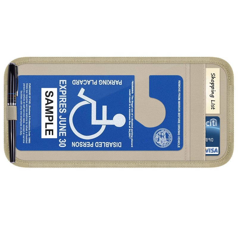 Wisdompro Handicap Placard Holder for Auto, Wisdompro Disabled Parking Permit Sign Protector for Car Sun Visor with Note Paper Slot, Pen Holder and Elastic Strap - Khaki