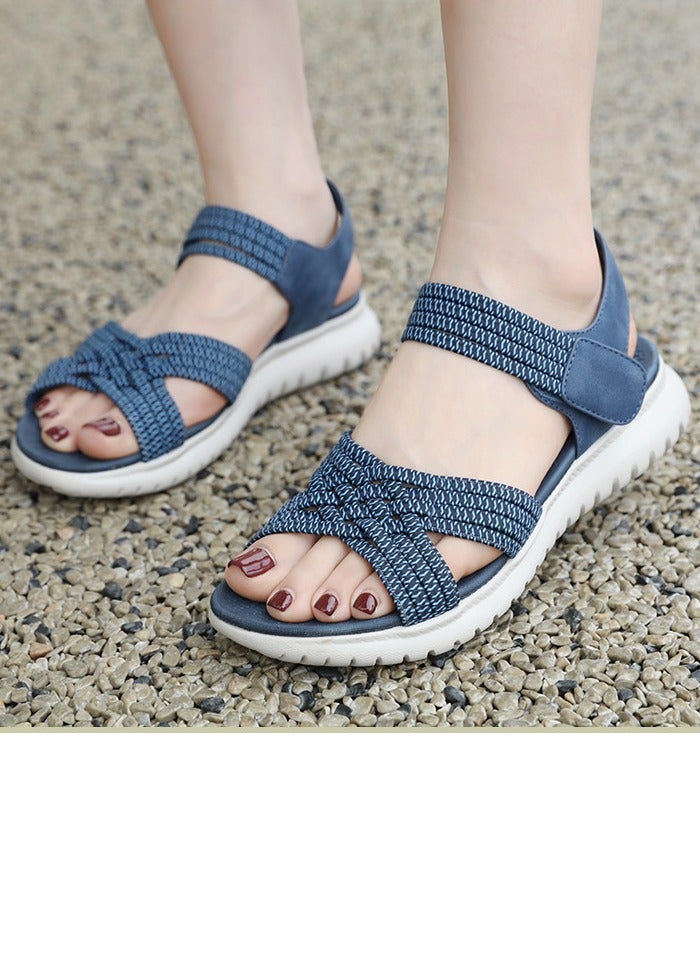 Loquat Women's Casual Sports Thick Soled Non Slip Sandals Rubber Band Upper Wedge Shoes Dark Blue - Image 1
