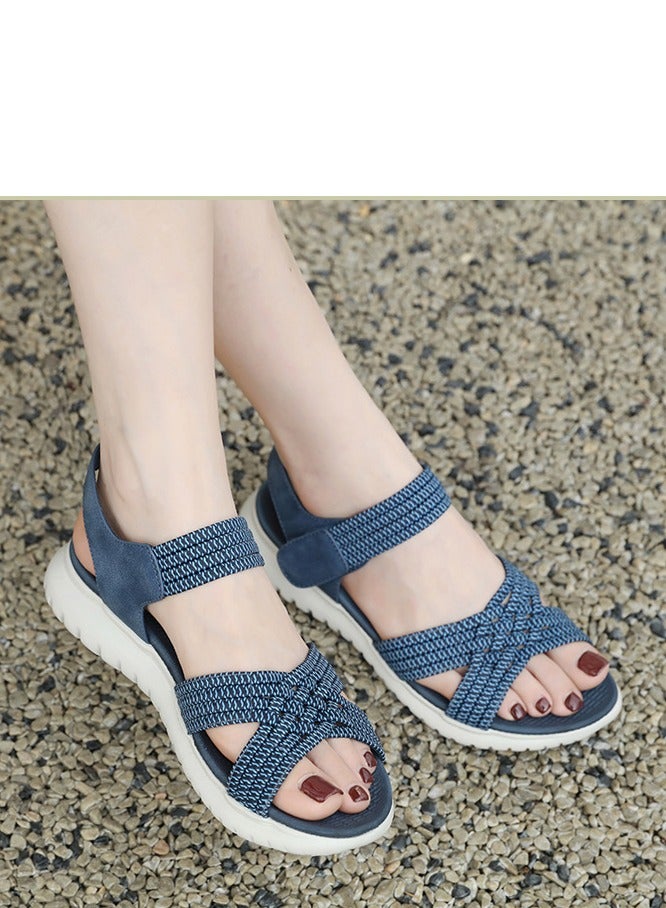 Loquat Women's Casual Sports Thick Soled Non Slip Sandals Rubber Band Upper Wedge Shoes Dark Blue - Image 3