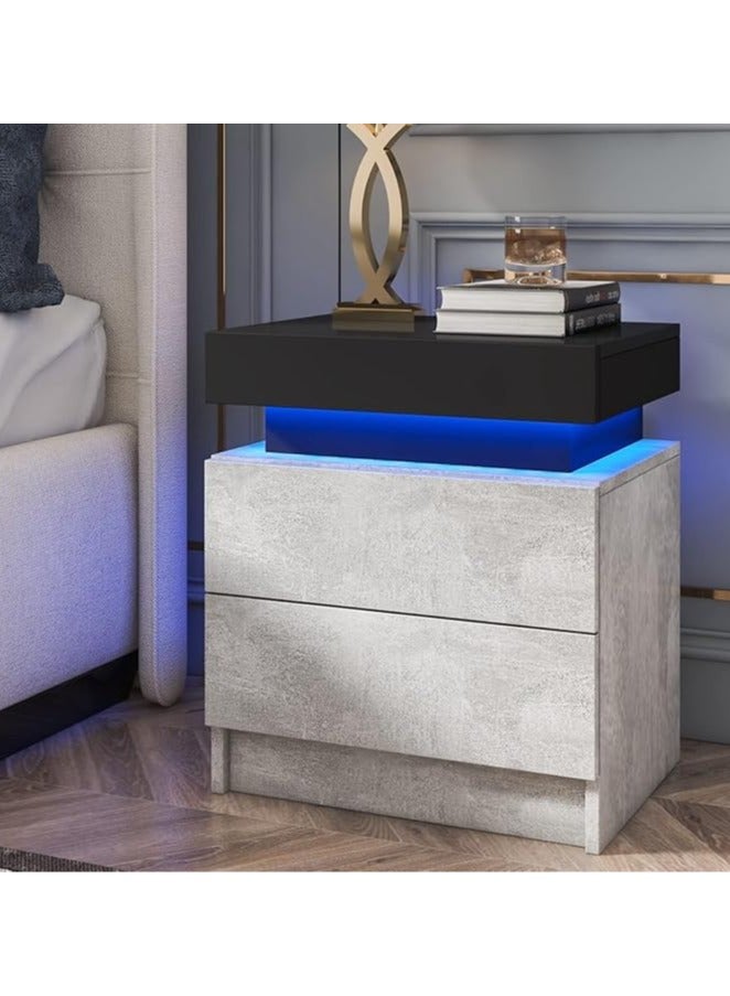 POWER طاولة جانبية LED رمادية غير لامعة مع أضواء LED طاولة حديثة بجانب السرير مع 2 درج طاولة سرير ذكية لغرفة النوم بارتفاع 20.5 بوصة - Image 1