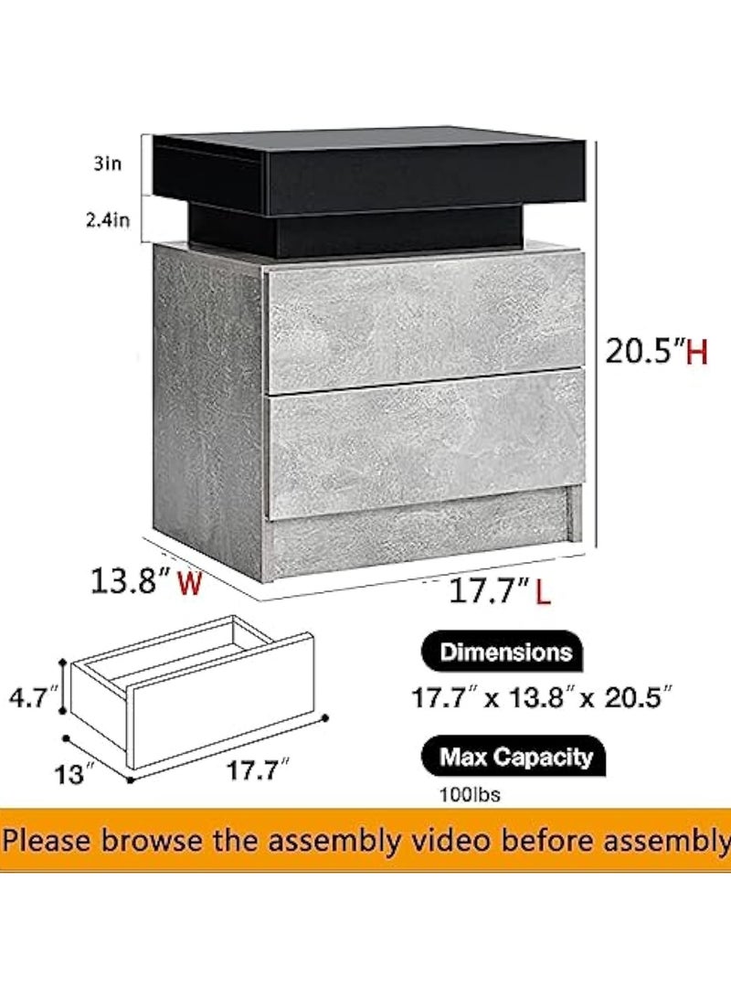 POWER طاولة جانبية LED رمادية غير لامعة مع أضواء LED طاولة حديثة بجانب السرير مع 2 درج طاولة سرير ذكية لغرفة النوم بارتفاع 20.5 بوصة - Image 2