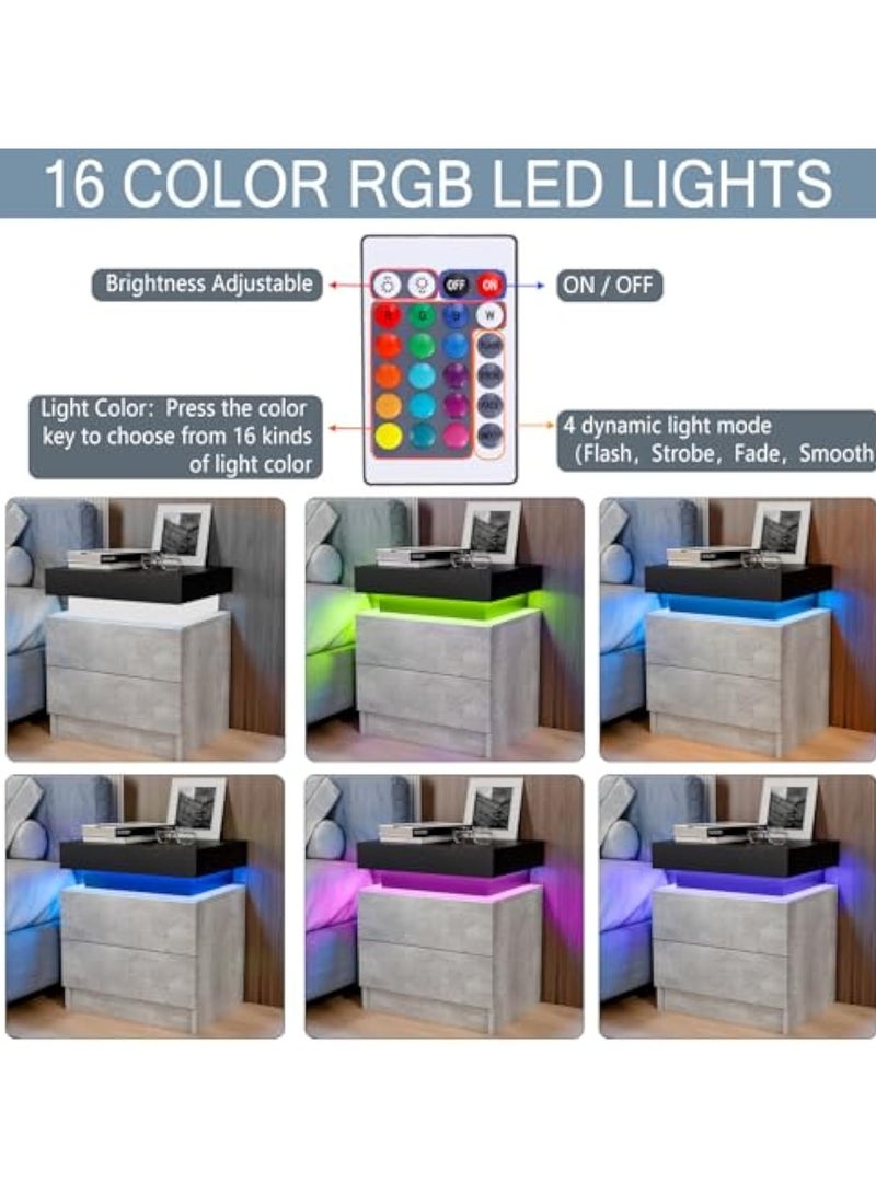 POWER طاولة جانبية LED رمادية غير لامعة مع أضواء LED طاولة حديثة بجانب السرير مع 2 درج طاولة سرير ذكية لغرفة النوم بارتفاع 20.5 بوصة - Image 3