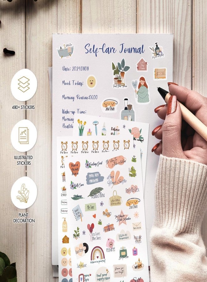 BIROYAL Scrapbook Stickers - 9 Sheets / 484+ Planner Stickers - Relaxation Themed Illustrations for Mental Health - Scrapbooking Self Care Stickers - Image 5