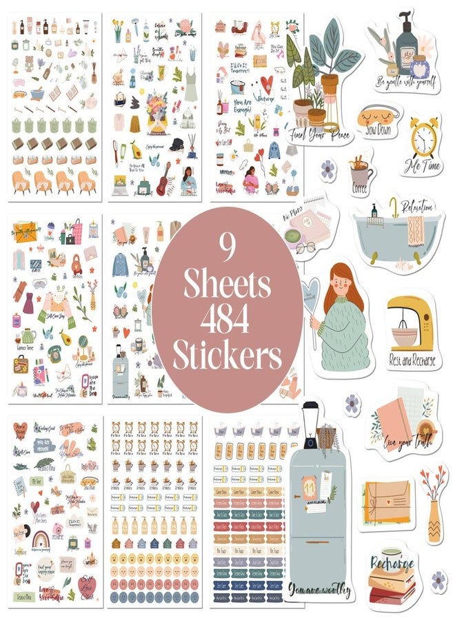 BIROYAL Scrapbook Stickers - 9 Sheets / 484+ Planner Stickers - Relaxation Themed Illustrations for Mental Health - Scrapbooking Self Care Stickers - Image 1