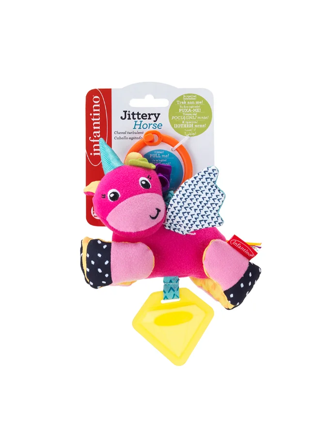 إنفانتينو Infantino Jittery Horse Sparkle 0M+ Pull Down Baby Toy with Rattle Crinkle Wings & BPA-Free Teether