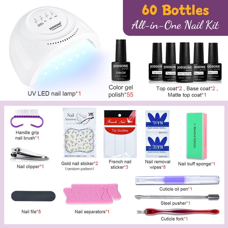 JODSONE Gel Nail Polish Kit 60 PCS with U V Light Soak off Base Top Coat 55 Shine Colors Gel Nail Kit Bright and Dark Brown Wine Red Series Manicure Set for Women and Girls - Image 2