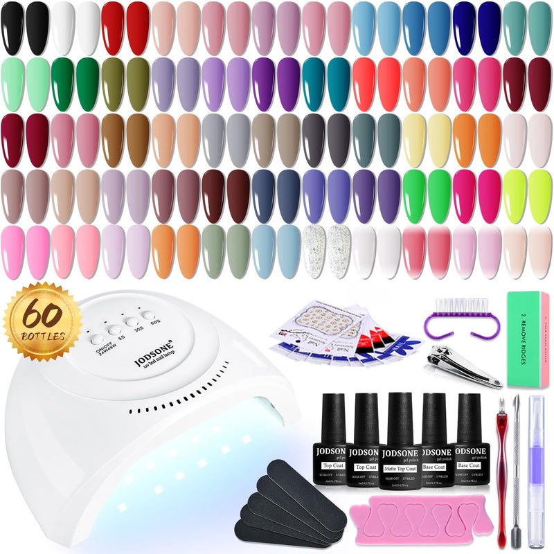 JODSONE Gel Nail Polish Kit 60 PCS with U V Light Soak off Base Top Coat 55 Shine Colors Gel Nail Kit Bright and Dark Brown Wine Red Series Manicure Set for Women and Girls - Image 1