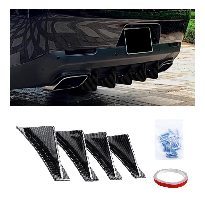 Augeny 4PCS Car Rear Lower Bumper Wing Lip Diffuser AntiCrash Curved Shape Auto Shark Fin Spoiler Protector with Screws Universal Rear Bumper Lip Diffuser Kit for Car SUV CurvedCarbon Fiber - Image 2