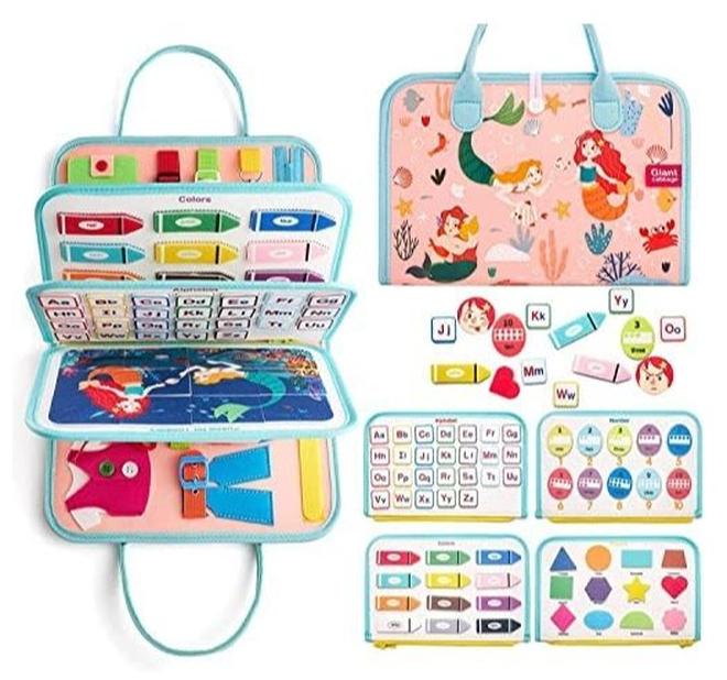 Toddler Busy Board Montessori Toys for 1 2 3 4 Year Old, Sensory Board Educational Activities for Learning Fine Motor Skills - Travel Toys for Plane Car, Gift for Boys Girls