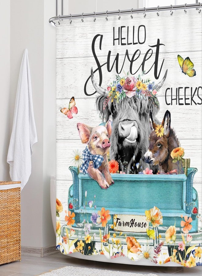 Newsely Highland Cow Farm Shower Curtains for the Bathroom, Cute Cow Chicken and Pig with Flowers on Truck Bathroom Set, Western Farmhouse Rustic Animals Funny Waterproof Bath Accessories 60Wx72H Inch - Image 2