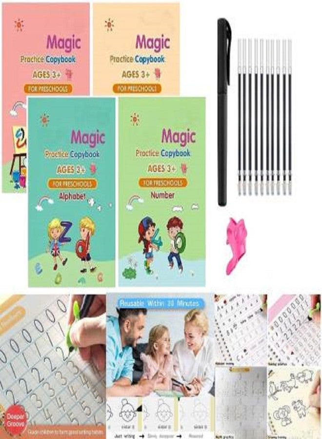 TNEMEC Practice Copybook, (4 Book + 10 Refill+ 1 Pen + 1 Grip) Number Tracing Book Magic Copybook Set Reusable Writing Tool Hand Lettering Pre-Schoolers Calligraphy bookset Kids 4 PCS (19 * 13 cm) - Image 1