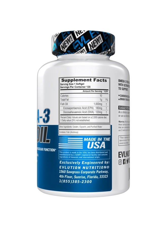 Evlution Nutrition Omega 3 Fish Oil 1250mg HIGH EPA 450mg + DHA 300mg Triple Strength Burpless Capsules (120 Servings) - Image 2