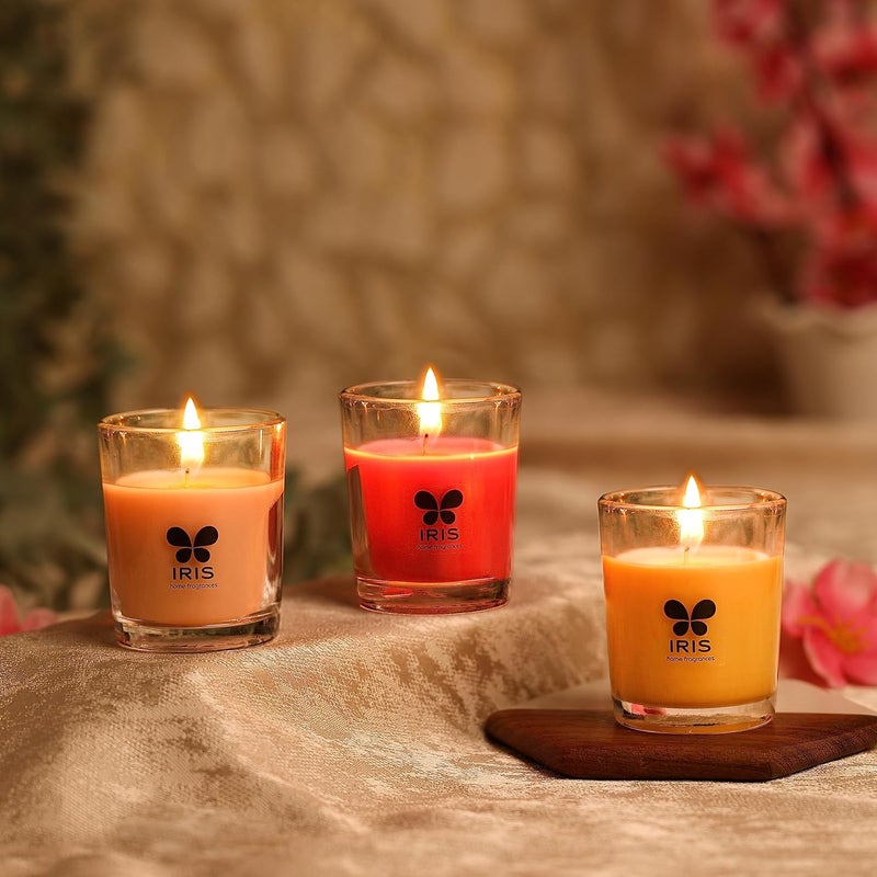 Iris Home Fragrances Fragranced Shot Glass Candles Pack of 3 Damask Rose Mango Sorbet Peach Pomogranate 40g Each Burn time 8 hrs per Candle - Image 1
