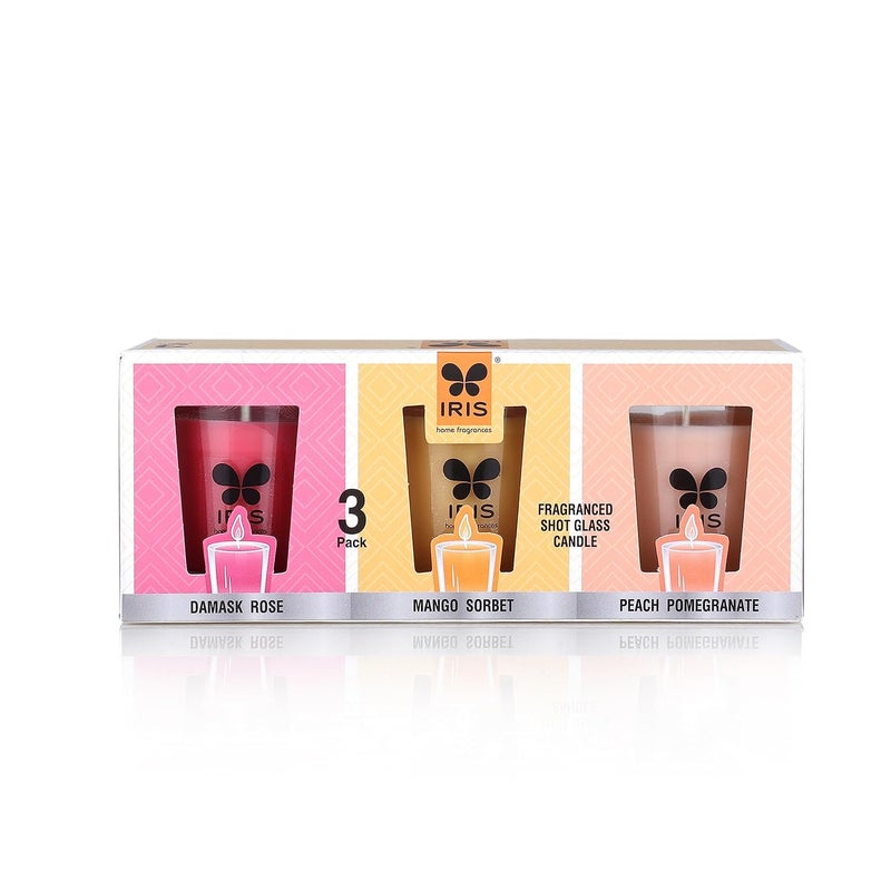 Iris Home Fragrances Fragranced Shot Glass Candles Pack of 3 Damask Rose Mango Sorbet Peach Pomogranate 40g Each Burn time 8 hrs per Candle - Image 2