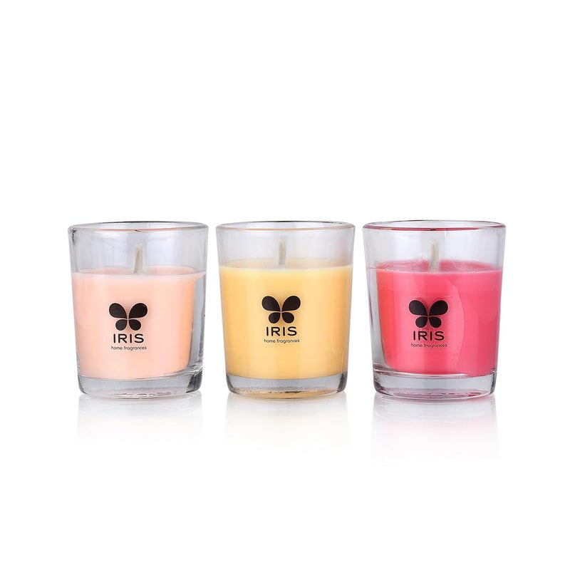 Iris Home Fragrances Fragranced Shot Glass Candles Pack of 3 Damask Rose Mango Sorbet Peach Pomogranate 40g Each Burn time 8 hrs per Candle - Image 3
