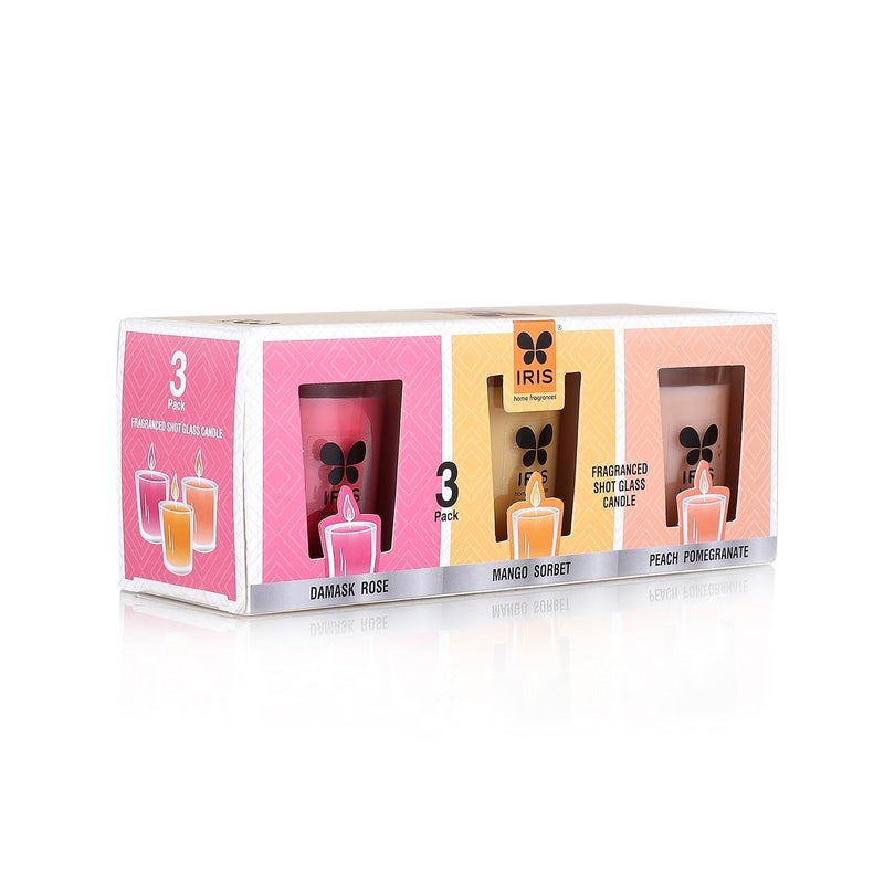 Iris Home Fragrances Fragranced Shot Glass Candles Pack of 3 Damask Rose Mango Sorbet Peach Pomogranate 40g Each Burn time 8 hrs per Candle - Image 4