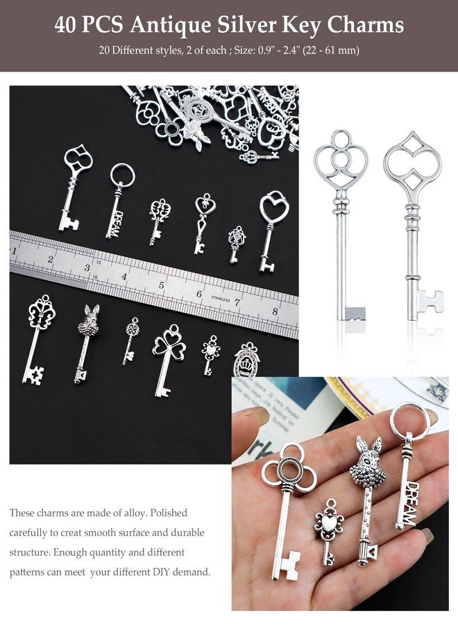 JIALEEY Vintage Skeleton Key Charms, 20 Type of 40PCS Antique Silver Key Charms for Necklace Pendant DIY Jewelry Making Supplies Wedding Favors - Image 3
