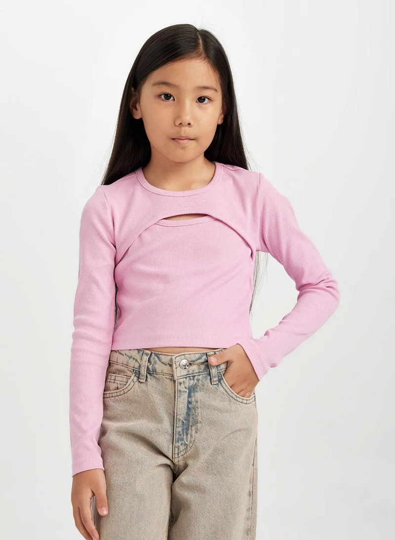 ديفاكتو تيشيرت بأكمام طويلة بياقة دائرية بقصة ضيقة ومضلع