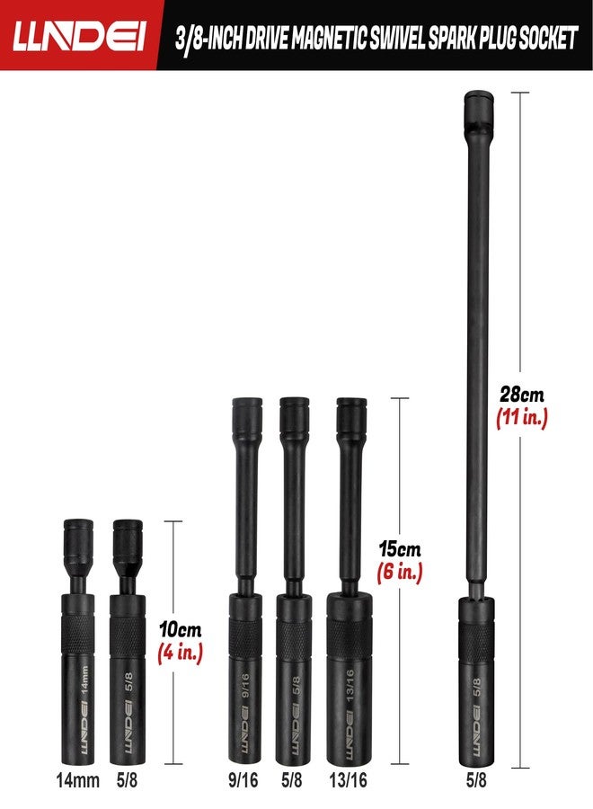 LLNDEI 3/8-Inch Drive Magnetic Swivel Spark Plug Socket Set, Include 12-Point 1*14MM 4-inch, 1*5/8-inch 4-inch, 1*9/16-inch 6-inch, 1*5/8-inch 6-inch, 1*13/16-inch 6-inch and 1*5/8-inch 11-inch - Image 2