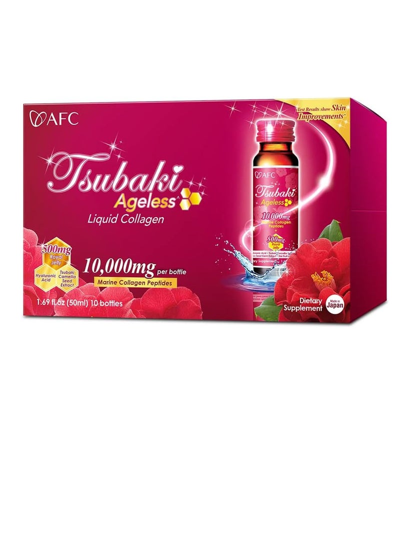 أفس مشروب الكولاجين من Tsubaki Ageless Beauty من اليابان يحتوي على 10000 ملجم من ببتيدات الكولاجين البحرية + 500 ملجم من غذاء ملكات النحل + حمض الهيالورونيك + فيتامينات B و C لتجديد البشرة (1.69 أونصة سائلة × 10 زجاجات)