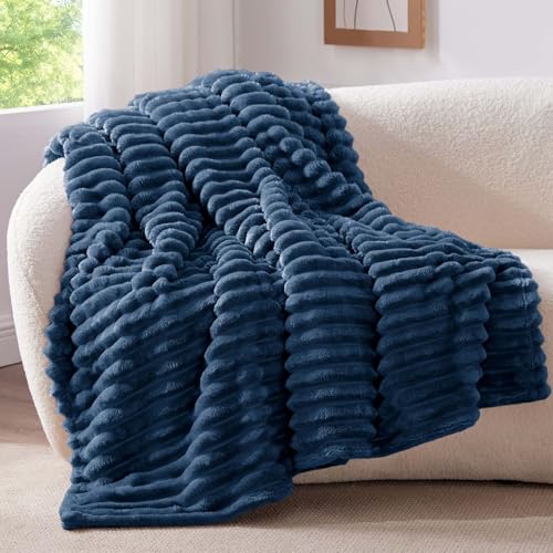 BEDELITE Fleece Throw Blanket for Couch 300GSM Soft Warm Fluffy Navy Blanket Decorative and Giftable Striped Blankets for Women Men 50x70 - Image 3